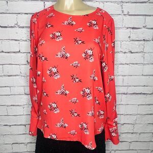 LOFT Womens Orange Pink Floral Print Long Sleeve Casual Blouse Top Size Medium